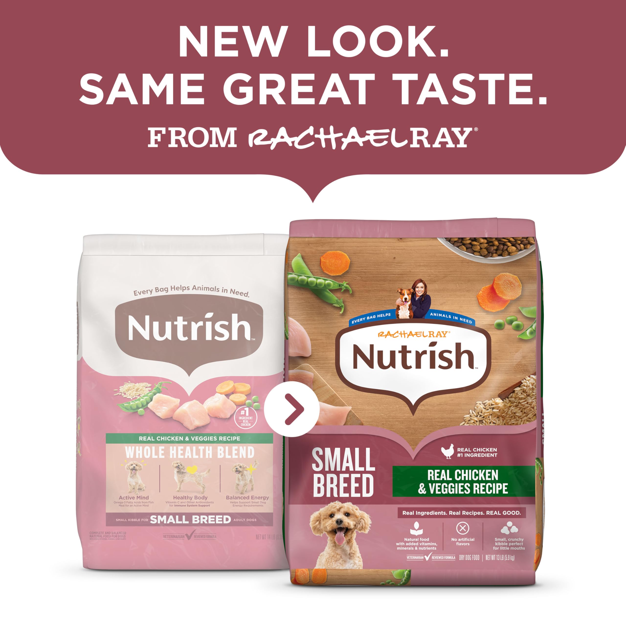 Nutrish Rachael Ray small-breed kibble close-up featuring tiny, crunchy pieces your dog may enjoy.