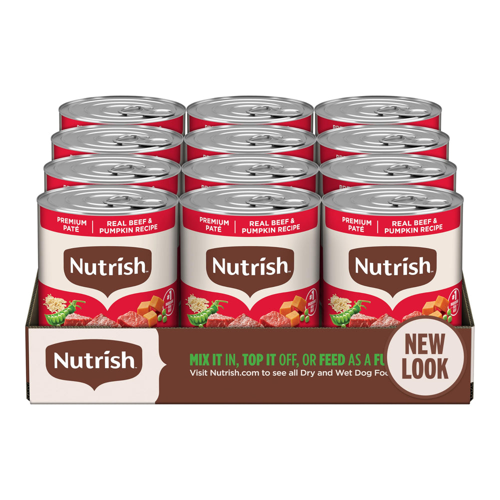 Nutrish Real Beef & Pumpkin pate can showing real beef for protein