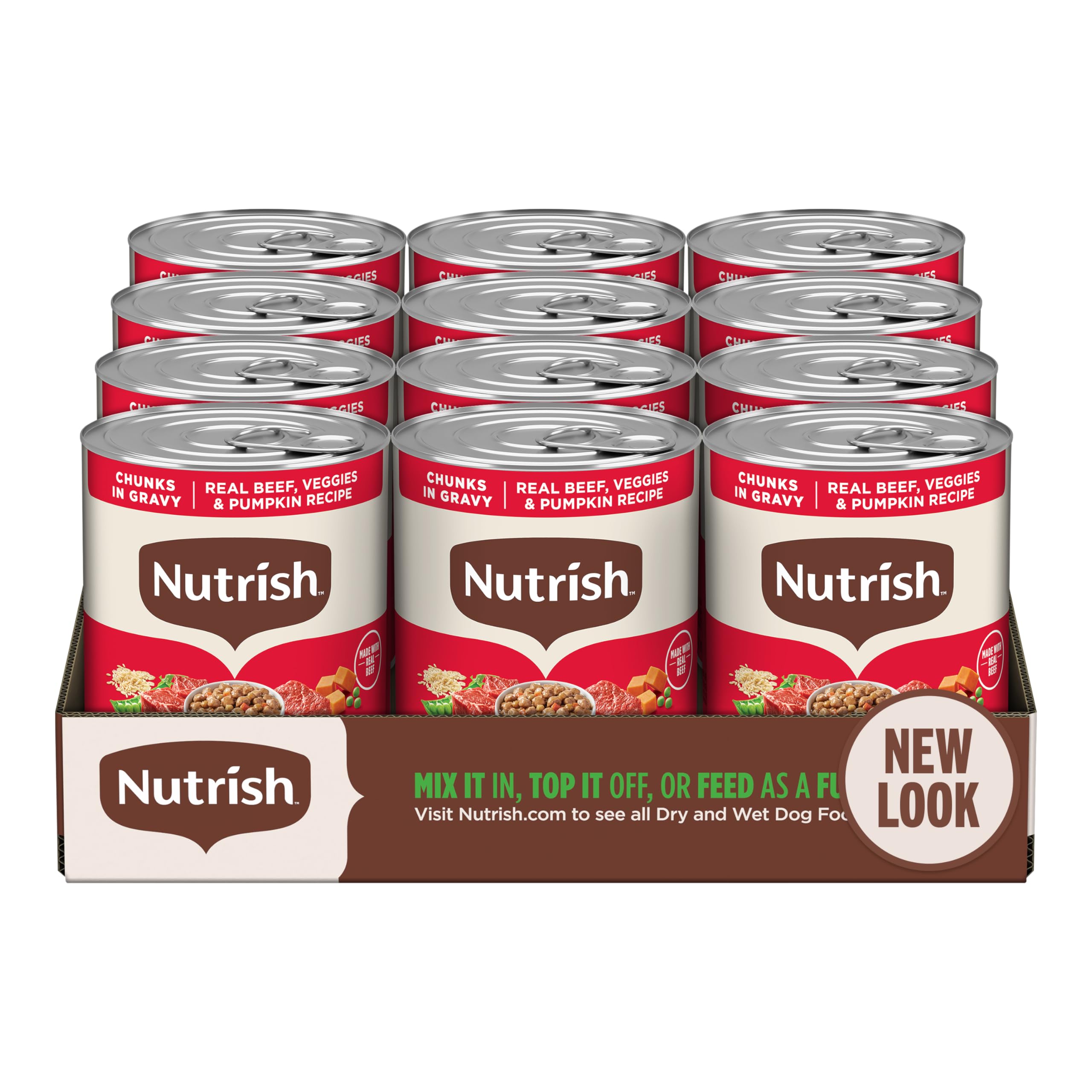 Nutrish Real Beef & Veggies chunks in gravy can closeup showing real beef and vegetables for protein-rich meals.