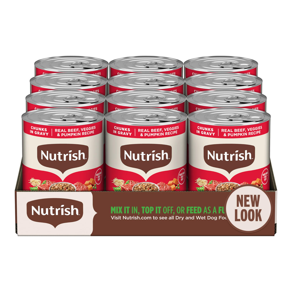 Nutrish Real Beef & Veggies chunks in gravy can closeup showing real beef and vegetables for protein-rich meals.