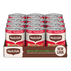 Nutrish Real Beef & Veggies chunks in gravy can closeup showing real beef and vegetables for protein-rich meals.