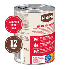 Nutrish Real Beef & Veggies chunks in gravy ingredient panel closeup showing beef protein source.