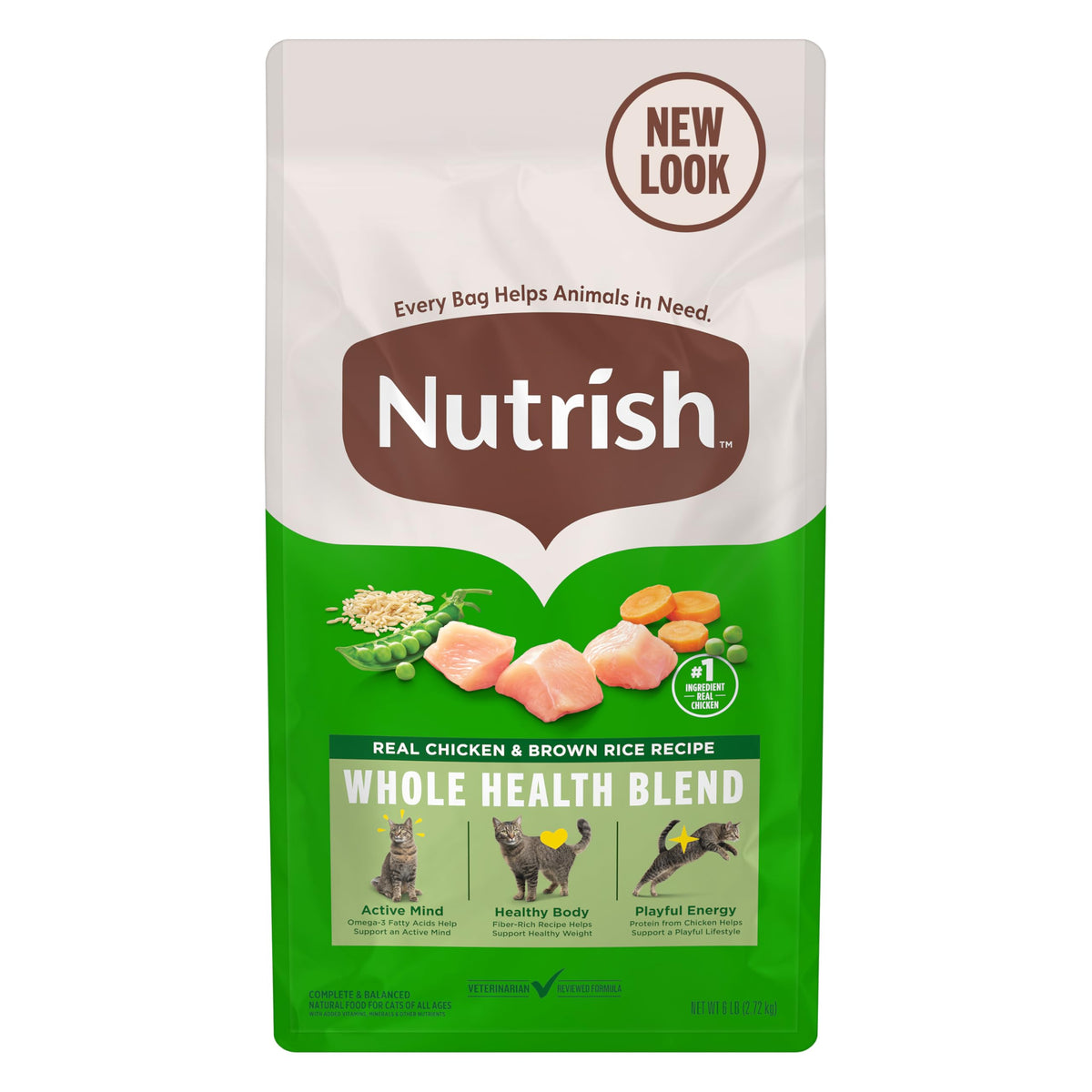 Nutrish real-chicken-brown-rice-dry-cat-food shows real chicken as a protein source for lean muscles.