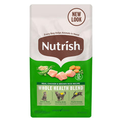 Nutrish real-chicken-brown-rice-dry-cat-food shows real chicken as a protein source for lean muscles.