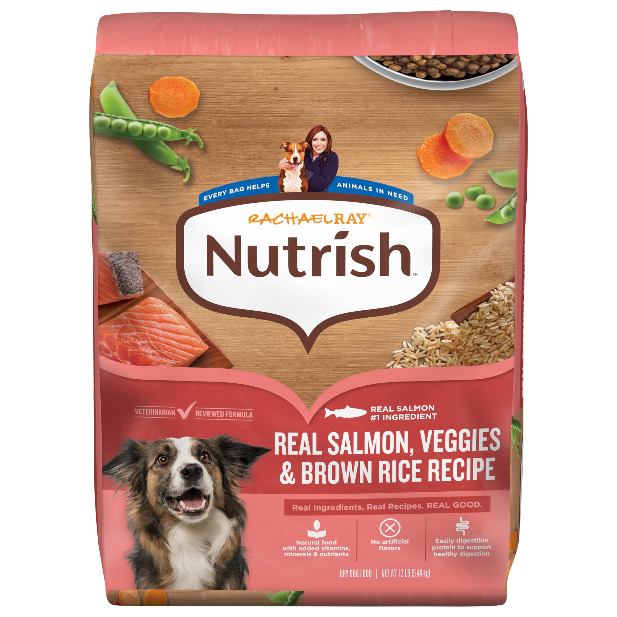 Nutrish real salmon dog food front label highlights main ingredient