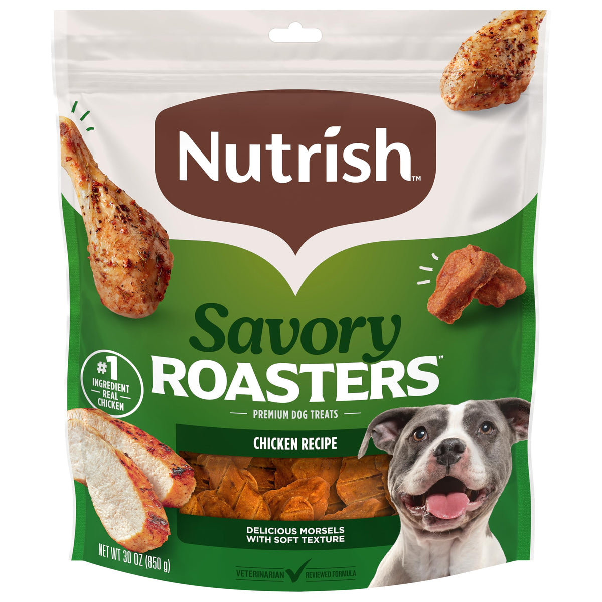 Nutrish Savory Roasters chicken pouch shows real chicken as the #1 ingredient for tasty rewards.