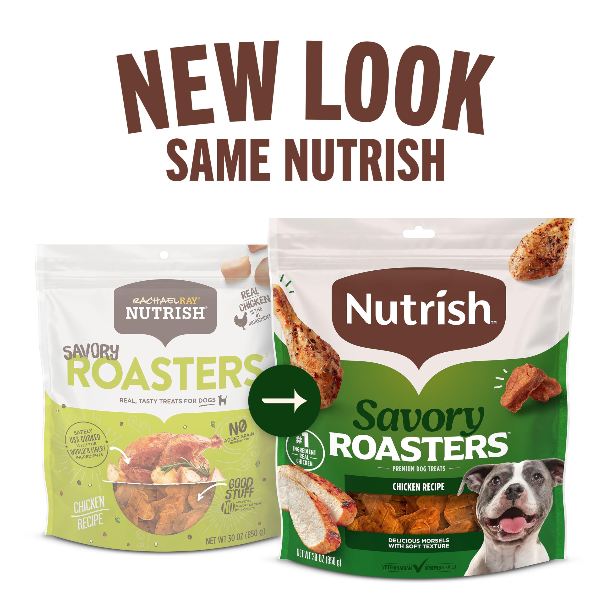 Nutrish Savory Roasters label highlights no corn or soy and no by-product meals.