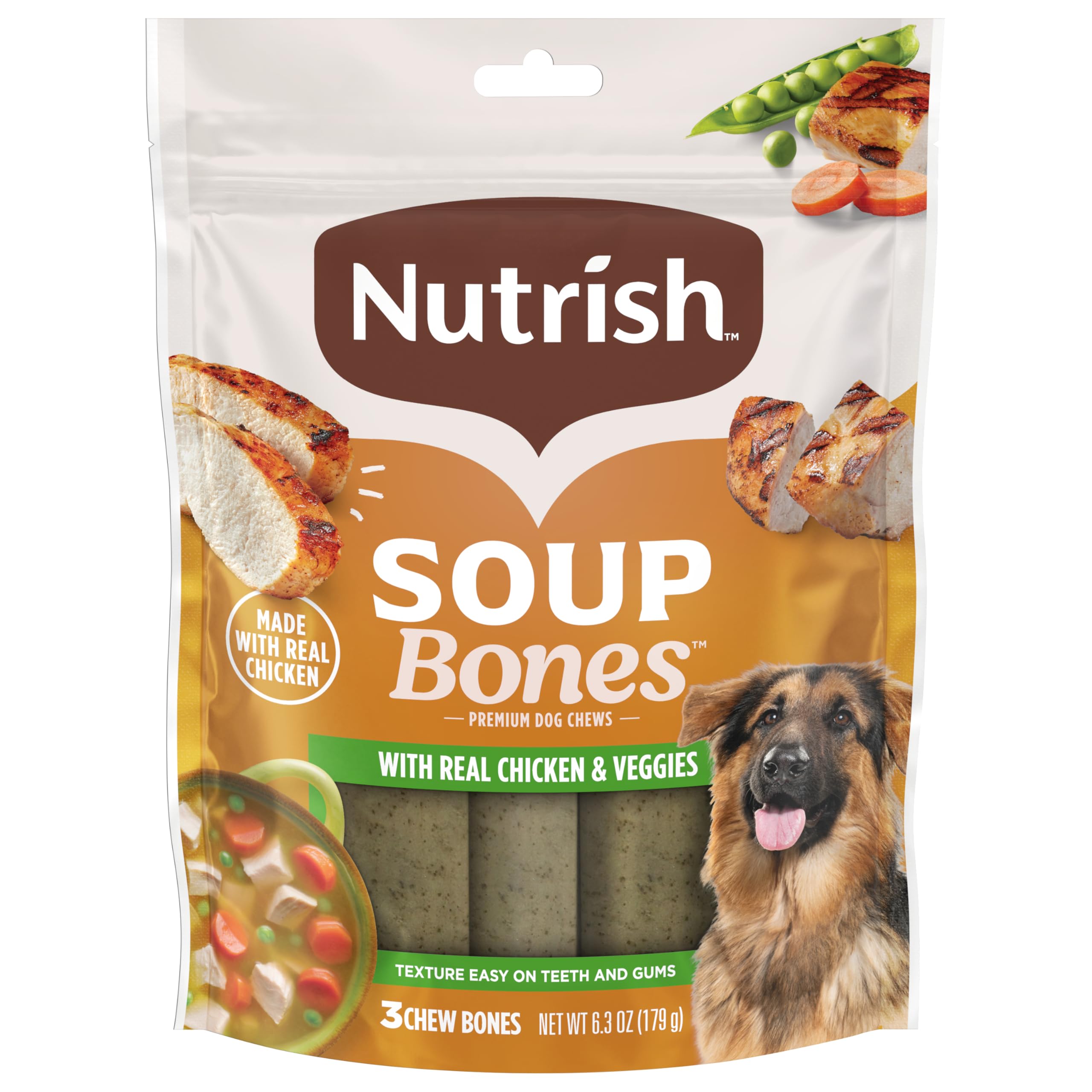 Nutrish Soup Bones real chicken pieces visible in the chew.