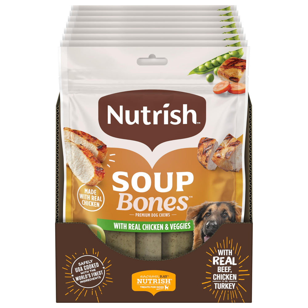 Nutrish Soup Bones resealable bag keeps treats fresh for dogs.