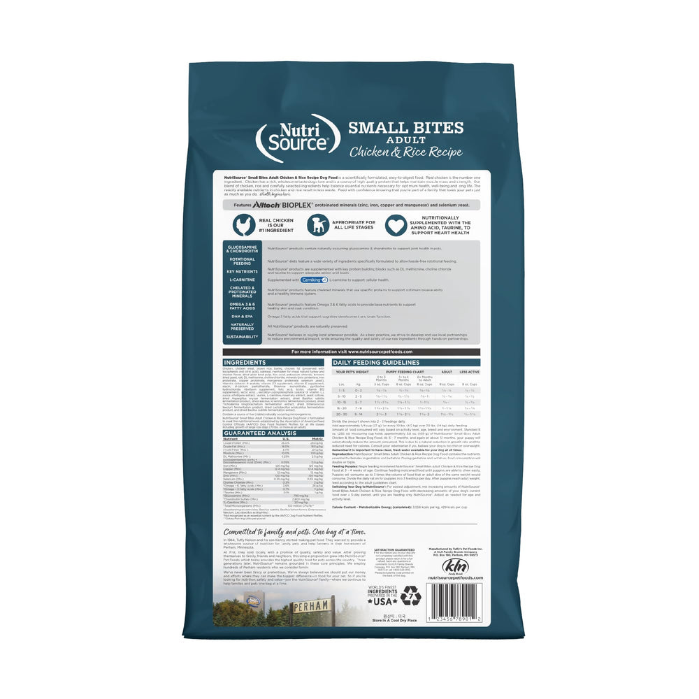 NutriSource small bites kibble close-up supports gentle chewing and palatability.
