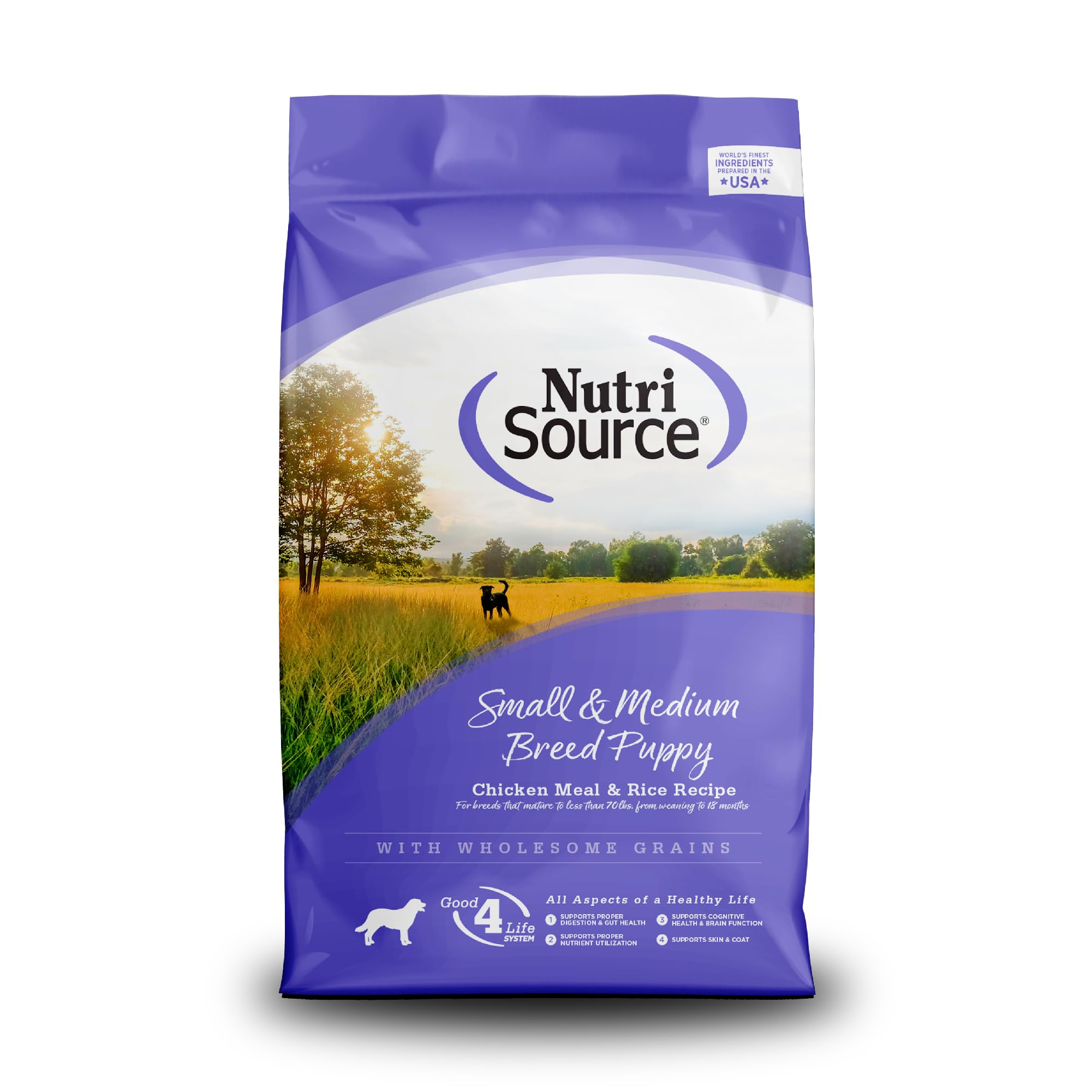 NutriSource puppy food bag for small breeds with chicken meal and rice for healthy nourishment.