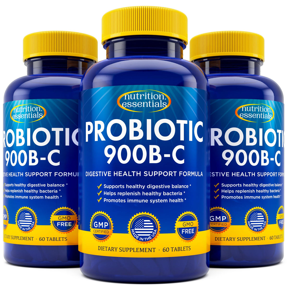 Nutrition Essentials Probiotics bottle close-up showing a potent digestive support blend