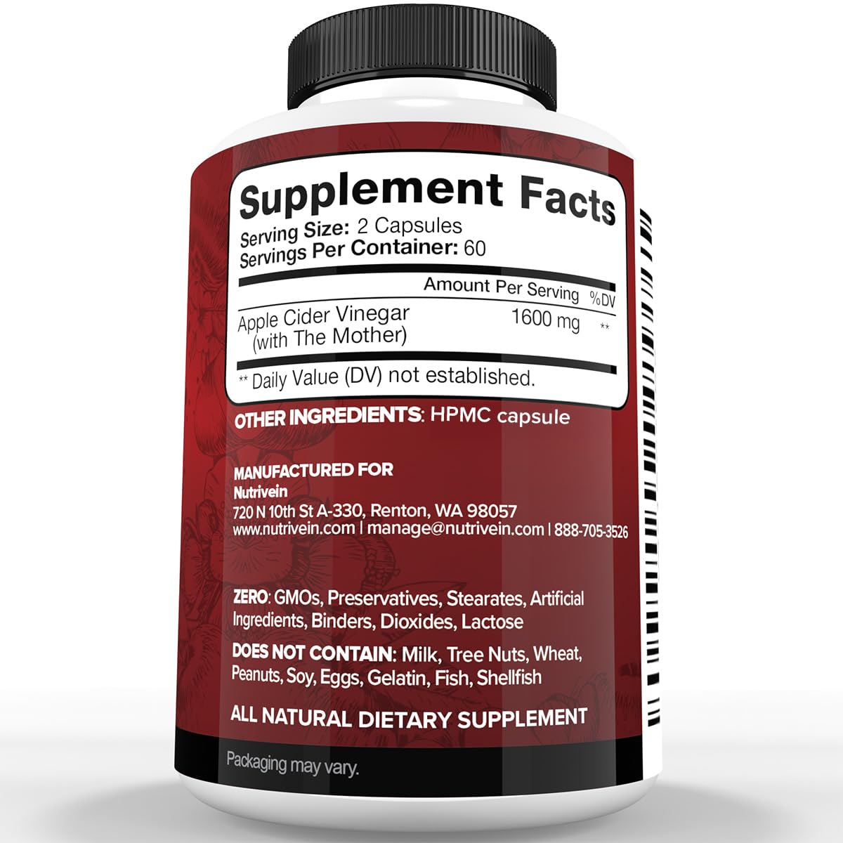 Close-up of Nutrivein ACV capsules showing easy-to-swallow design