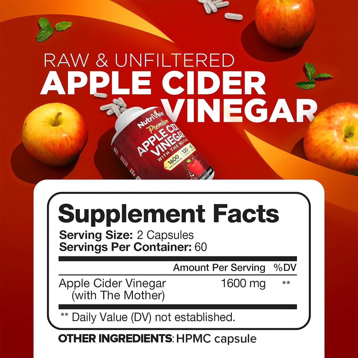 Nutrivein ACV capsules with visible mother highlighting gut-friendly enzymes