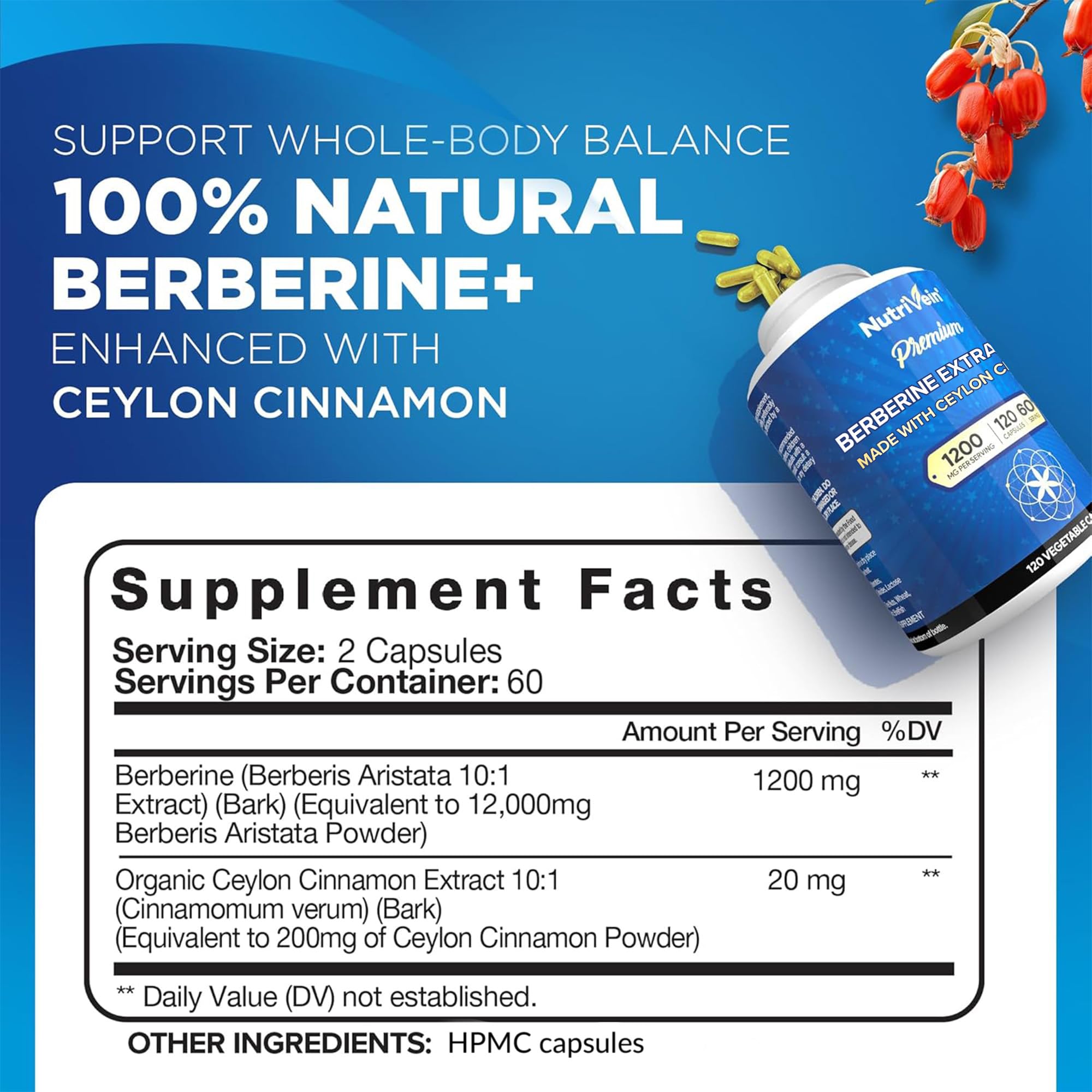 Nutrivein Berberine Cinnamon capsules label highlights cinnamon's role in sugar metabolism.