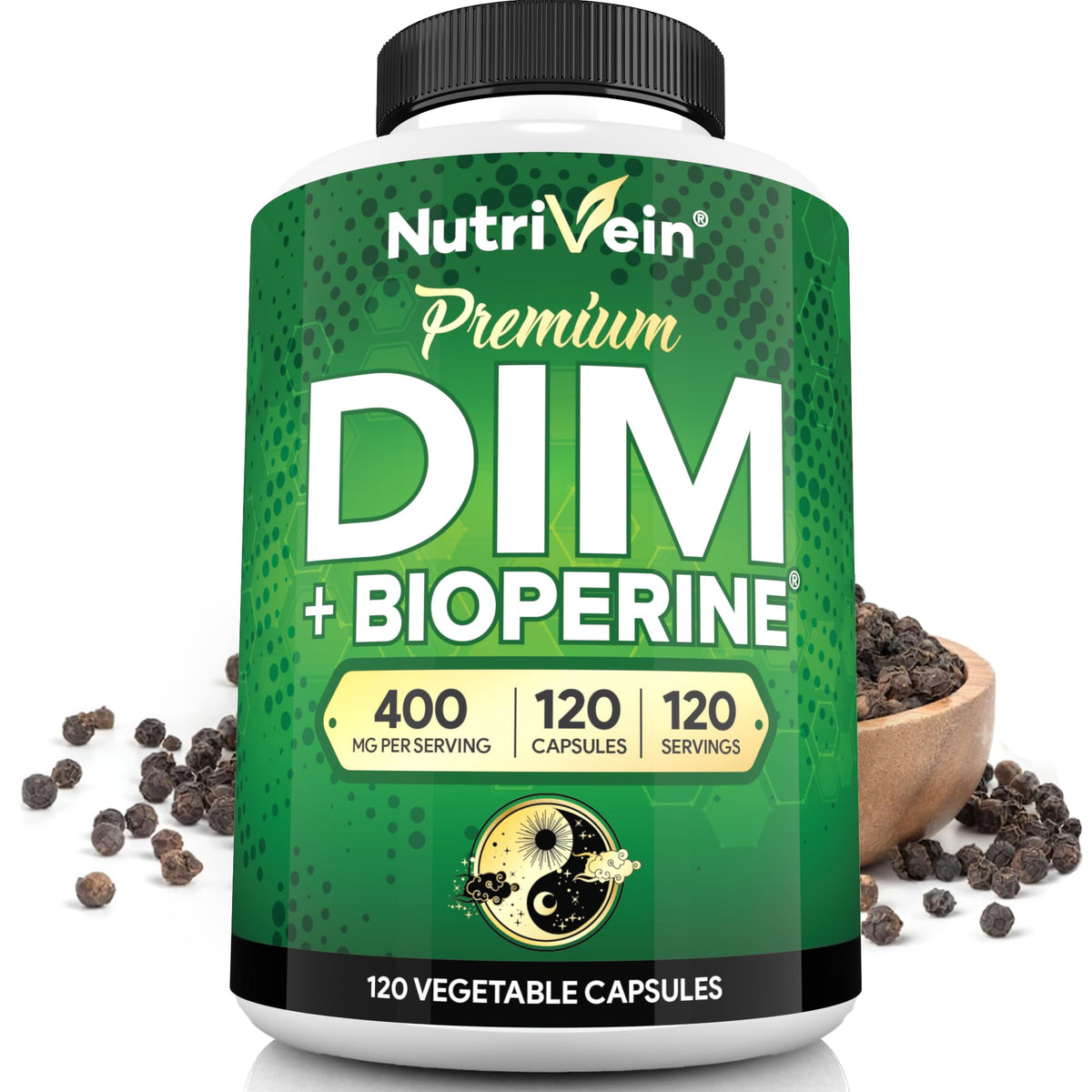 Nutrivein DIM bottle front with 120 capsules for daily hormonal balance.