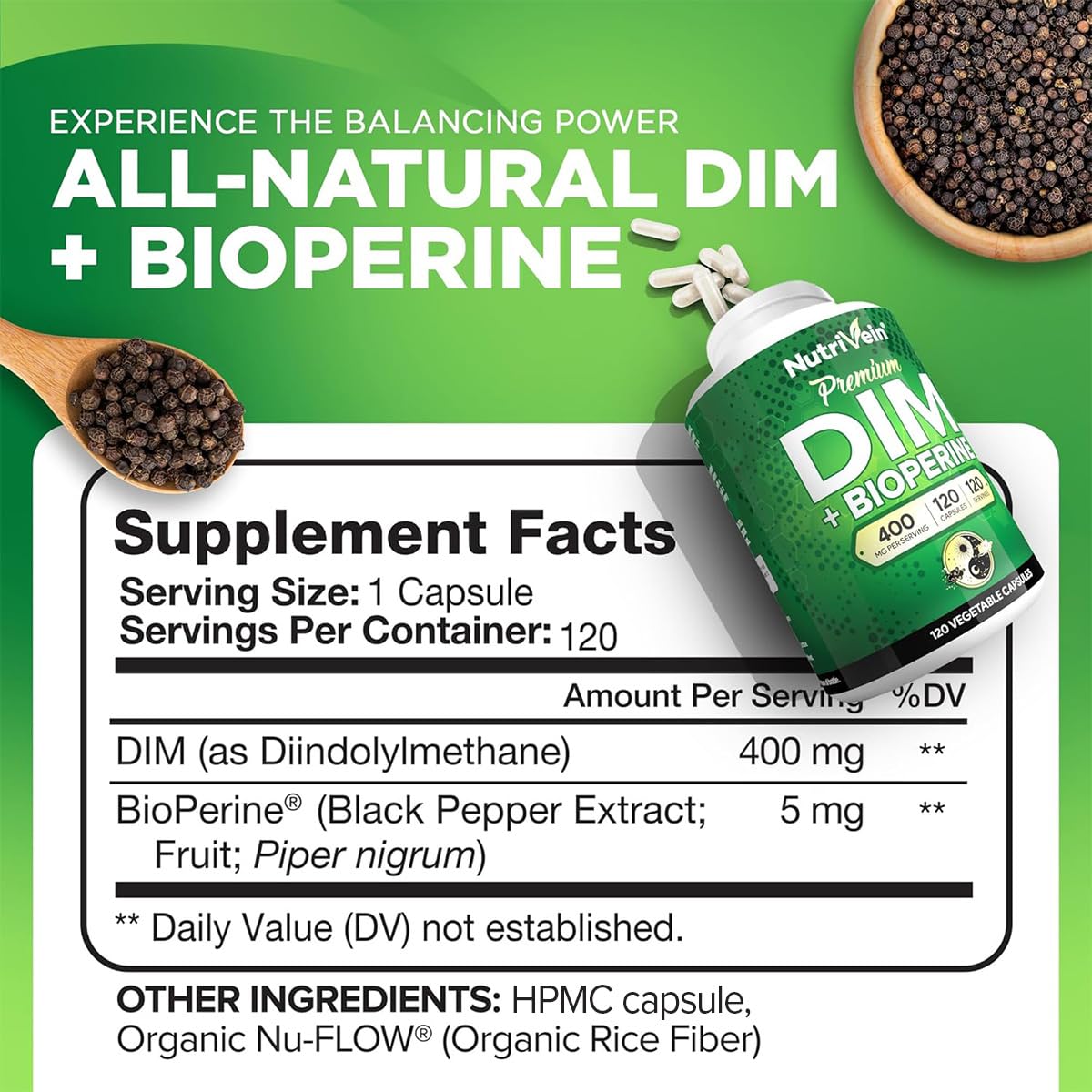 Nutrivein DIM capsules closeup showing easy-to-take design.