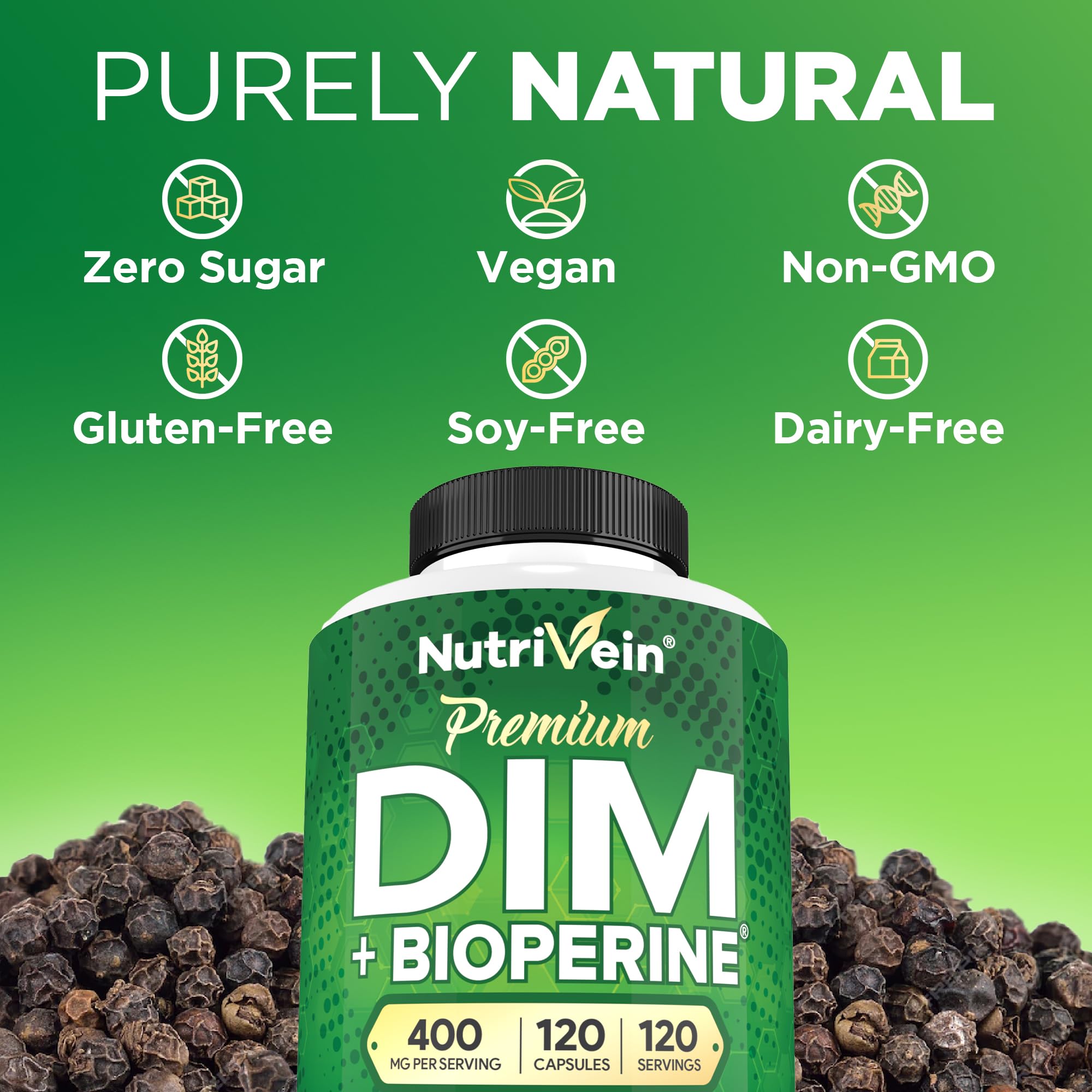 Nutrivein DIM packaging emphasizing vegan ingredients and USA-made quality.