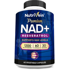 Nutrivein NAD+ Resveratrol bottle label highlights premium formula for energy support