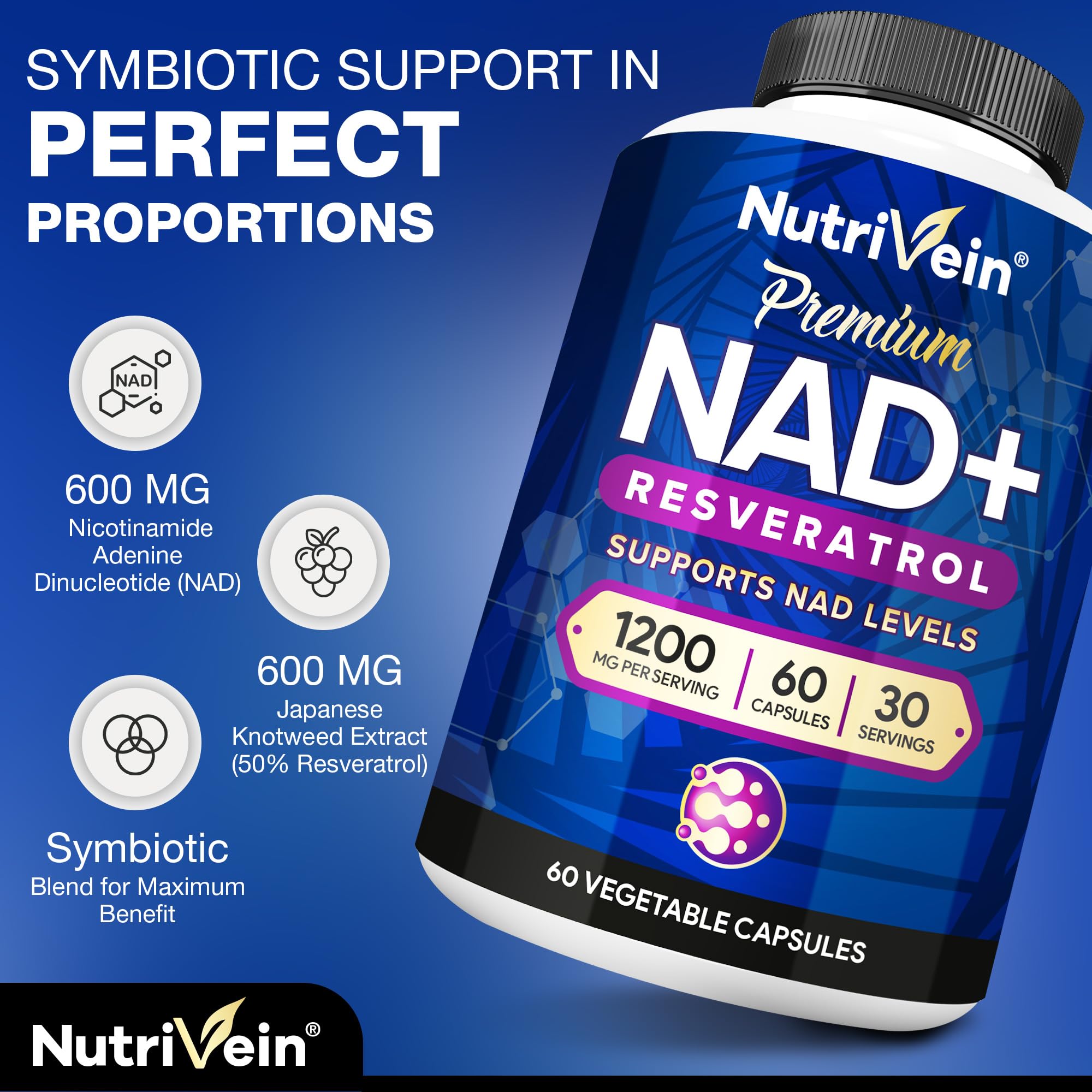 Nutrivein NAD+ Resveratrol bottle pouring suggesting easy daily energy support