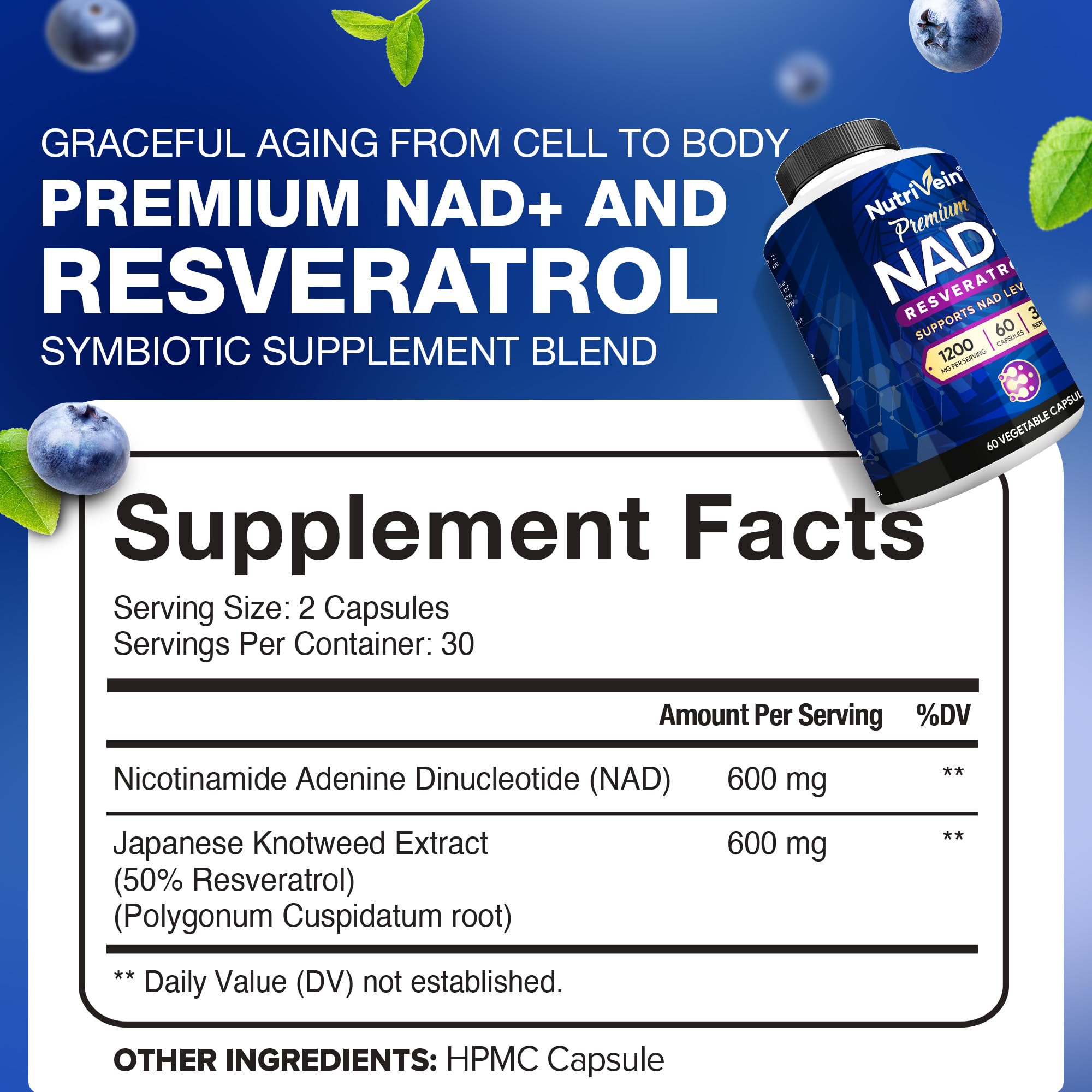 Nutrivein NAD+ Resveratrol capsules close-up for daily energy support