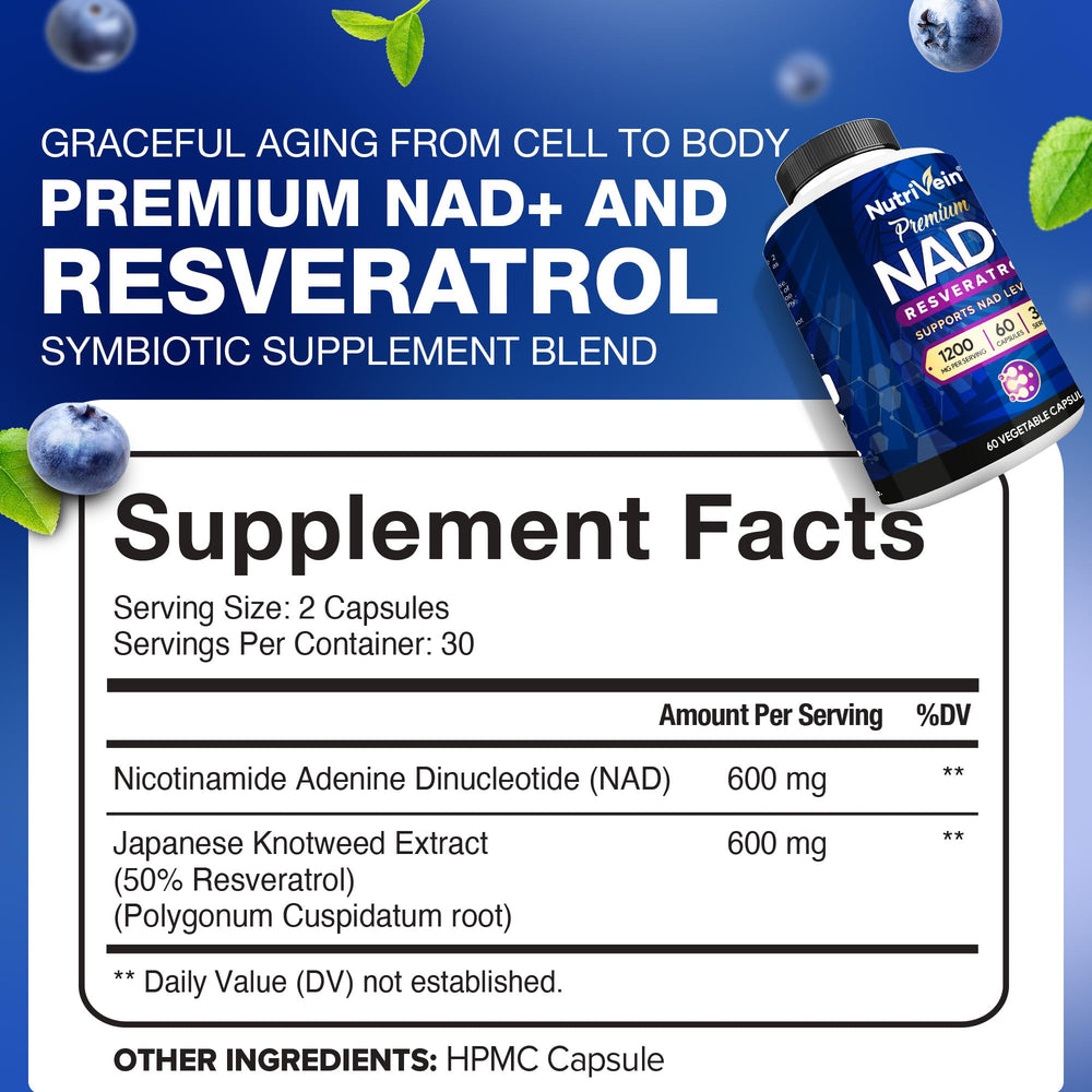 Nutrivein NAD+ Resveratrol capsules close-up for daily energy support