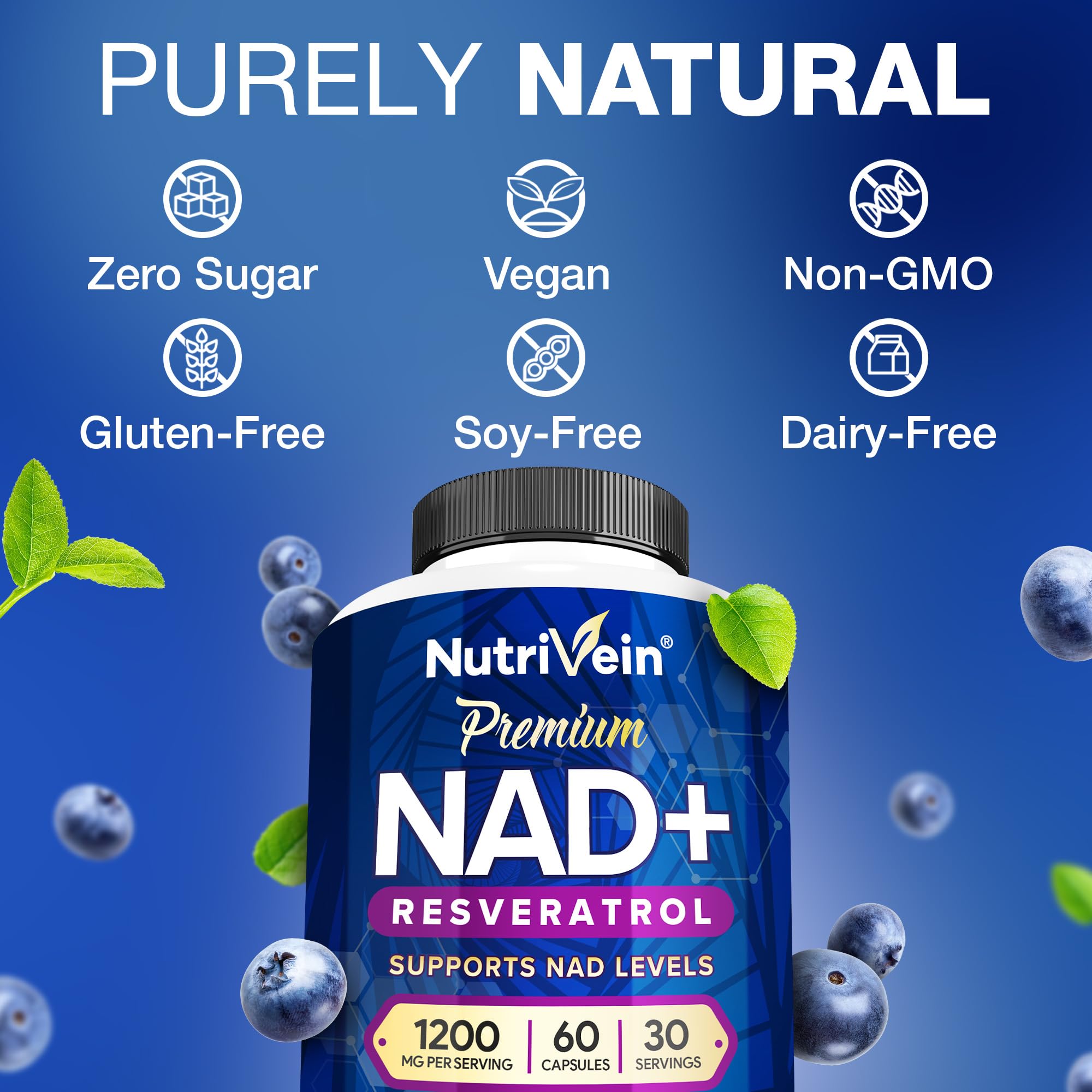 Nutrivein NAD+ Resveratrol label close-up with clean vegan ingredients noted