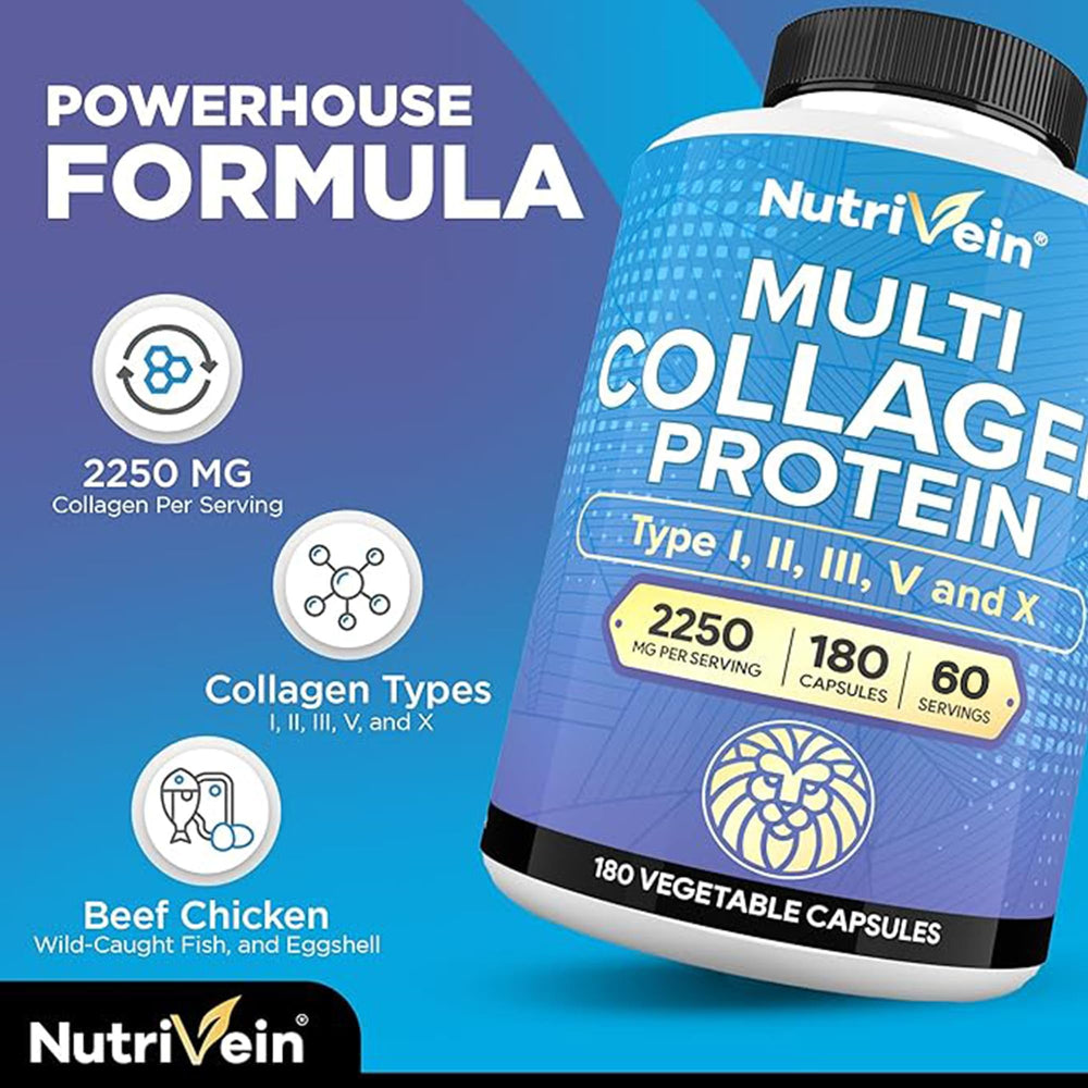Nutrivein collagen label denotes USA-made, clean ingredients