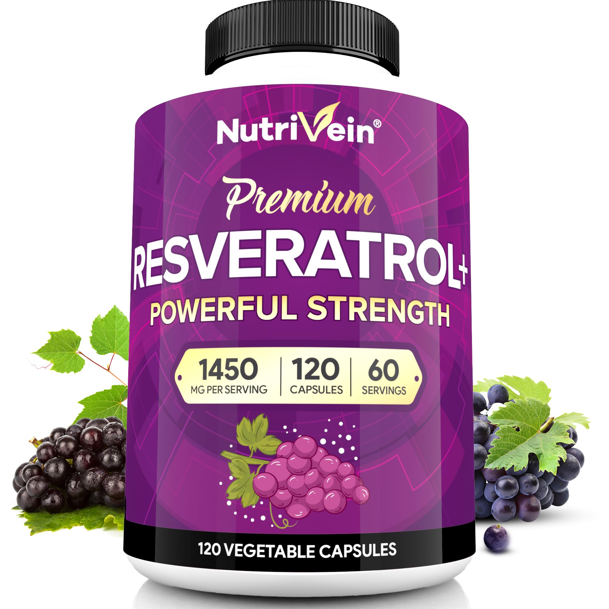 Nutrivein Resveratrol 1450mg bottle highlighting high-potency formula for vitality.