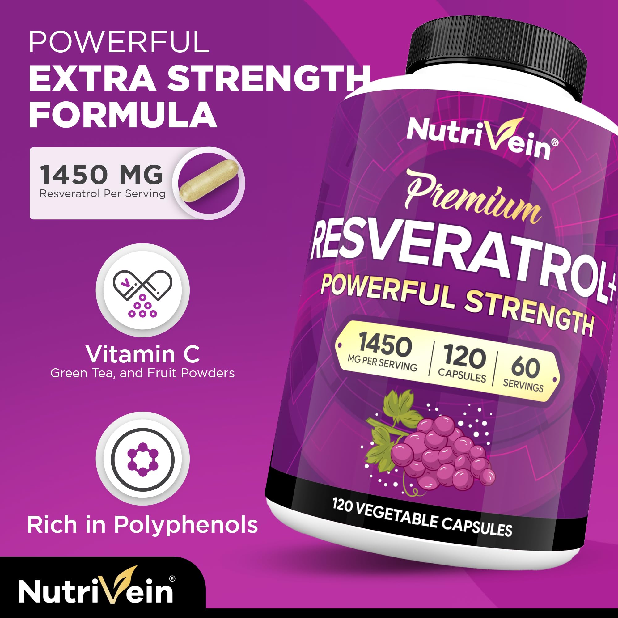 Nutrivein resveratrol packaging front conveys vegan clean ingredients promise.