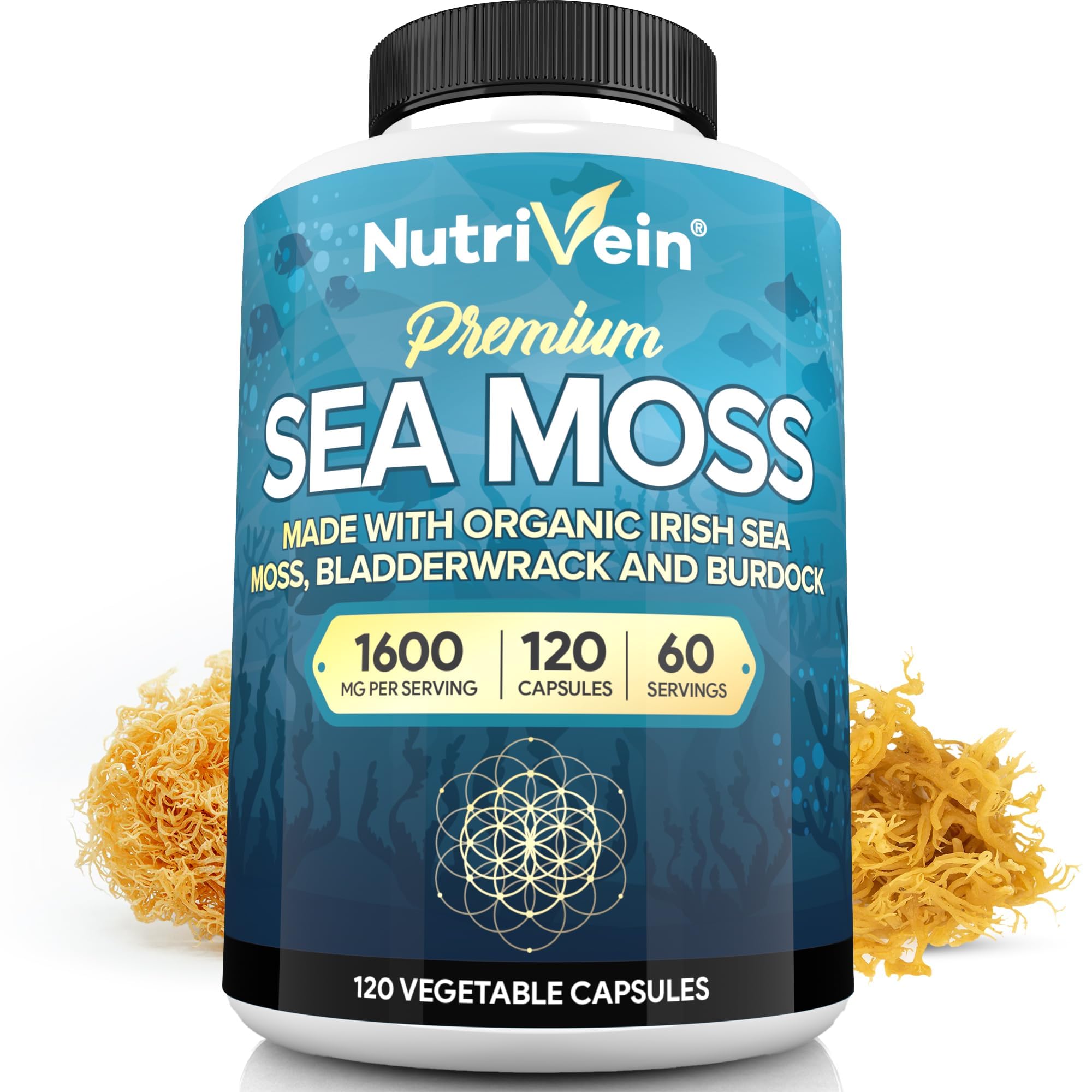 Nutrivein sea moss 1600mg bottle label highlights premium minerals for daily wellness