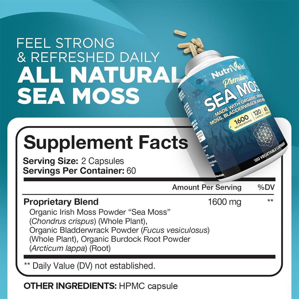 Nutrivein sea moss capsules close‑up showing easy daily supplementation