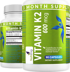 NutriZing K2 MK-7 bottle-front shows 600mcg strength for bone support