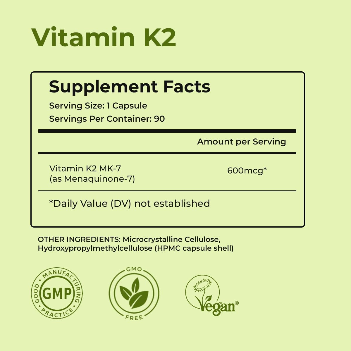 NutriZing K2 MK-7 bottle label detail with ingredients