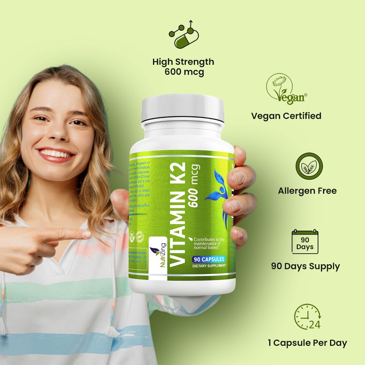 NutriZing K2 MK-7 glass bottle with label clearly visible