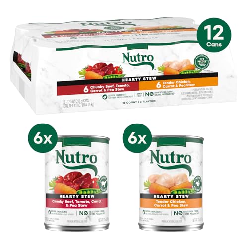 Nutro Hearty Stew beef cans reveal hearty chunks in savory gravy.