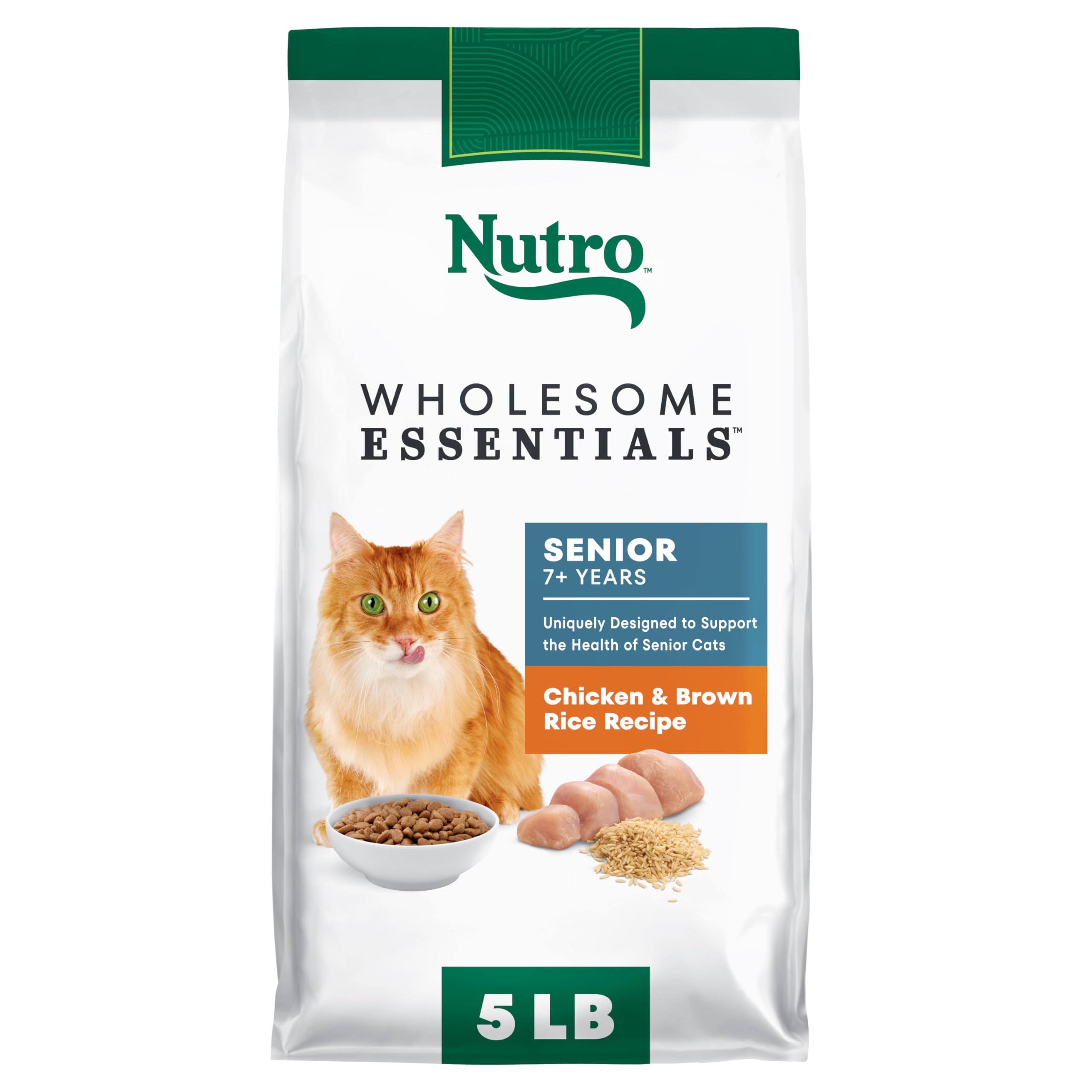Nutro senior cat food real chicken brown rice bag highlights protein for aging cats