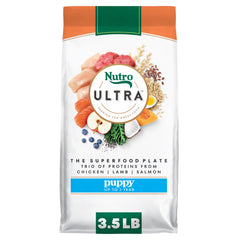Nutro Ultra puppy food with chicken-lamb-salmon kibble in bowl supports balanced energy