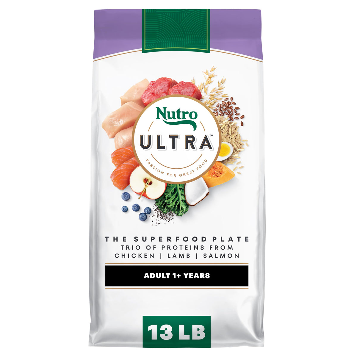 Nutro Ultra trio proteins kibble for adult dogs.