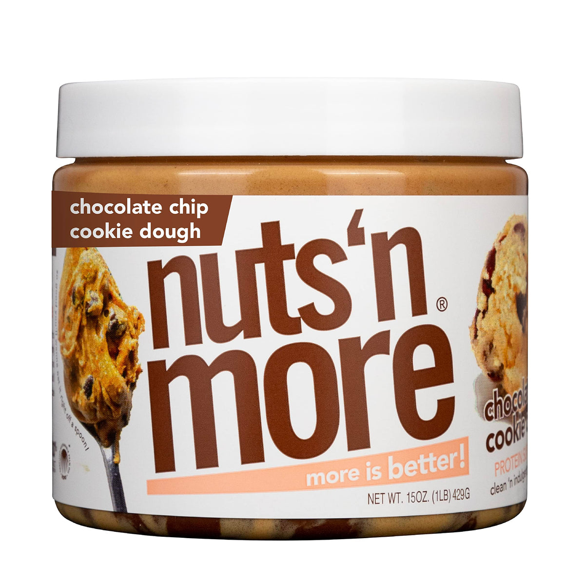 Nuts 'N More jar label close-up highlighting high-protein cookie dough peanut butter spread