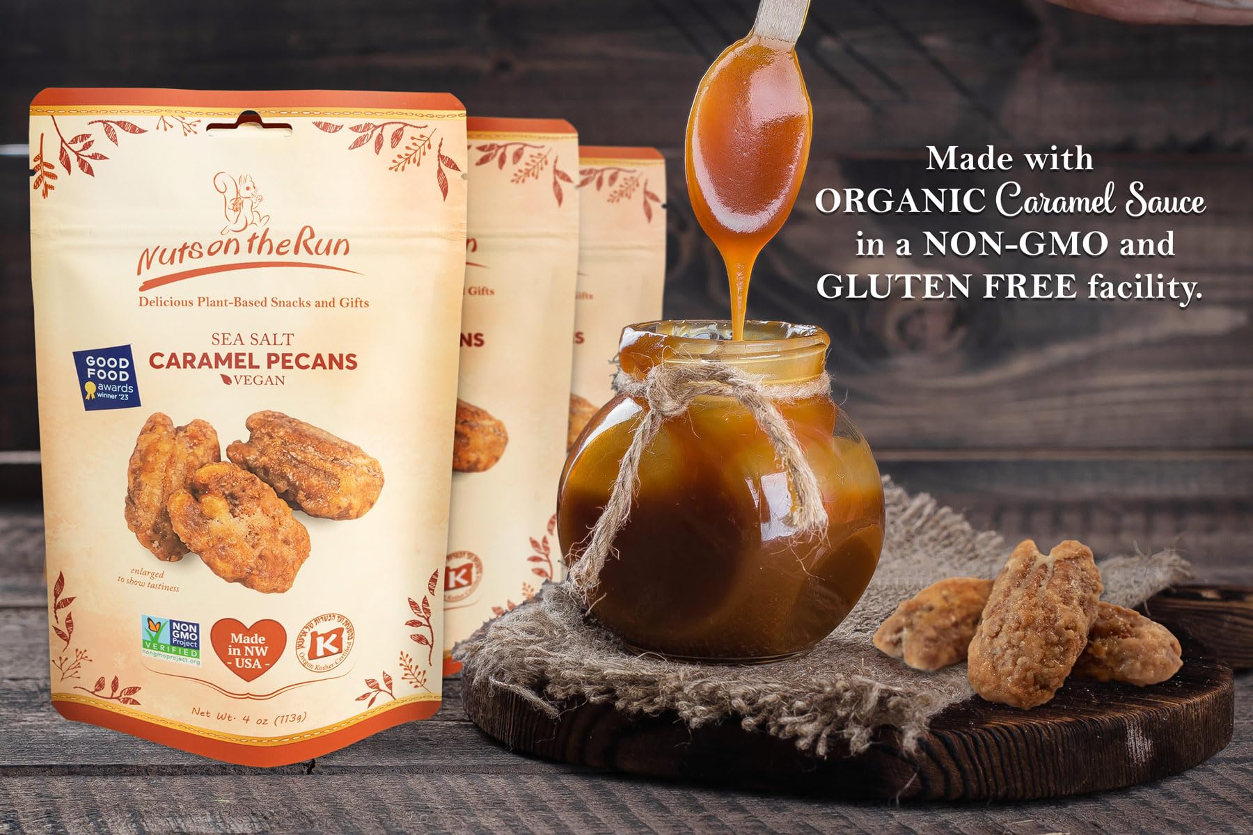 Nuts on the Run dry-roasted pecans, USA-made and kosher certified
