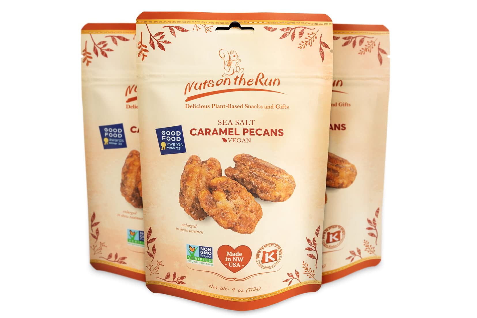Nuts on the Run sea salt caramel pralines packaging, ideal gift snack