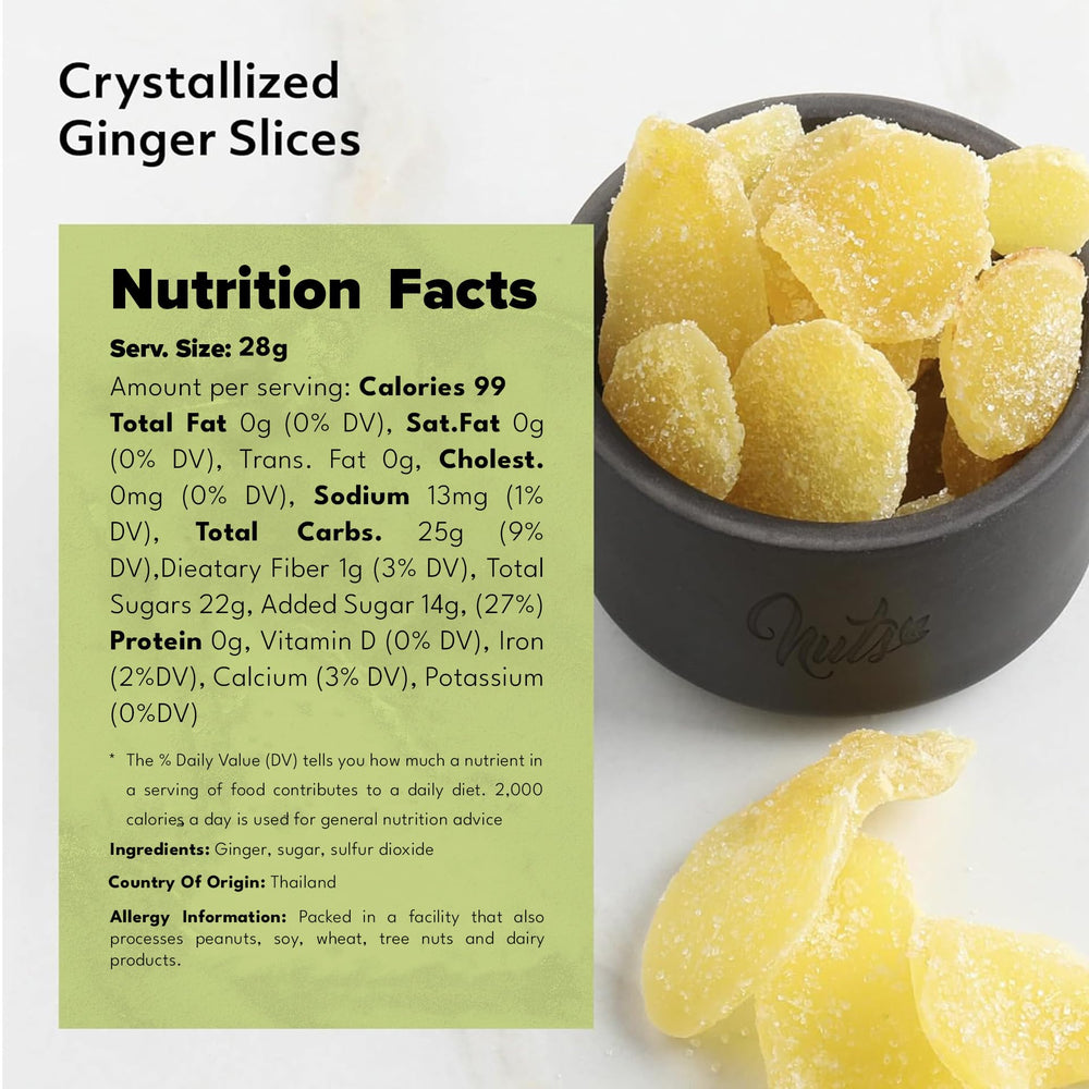 NUTS U.S. crystallized ginger slices closeup sugared coating highlighting bite-sized texture.