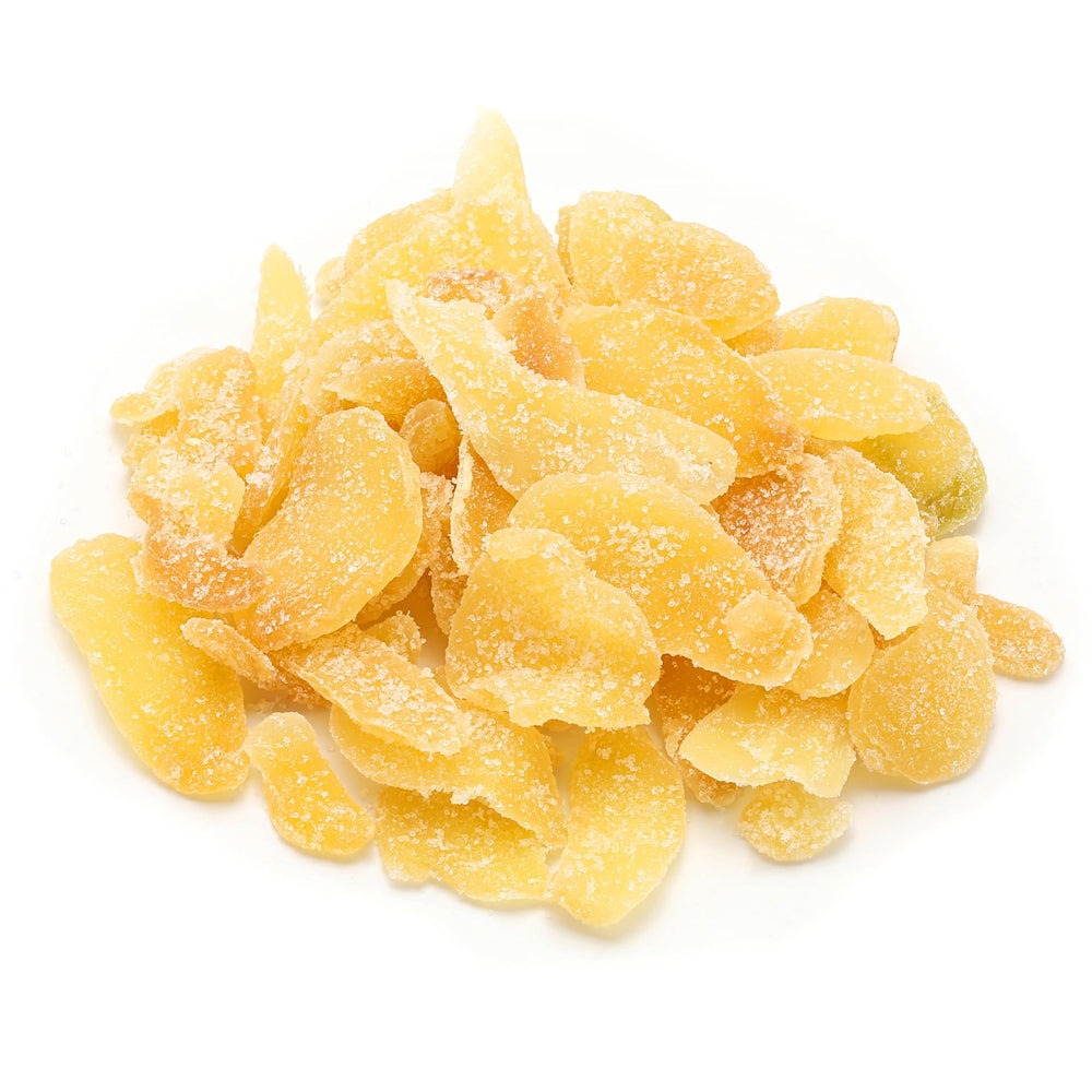 NUTS U.S. dried crystallized ginger slices in resealable bag show rich flavor for on-the-go snacking.