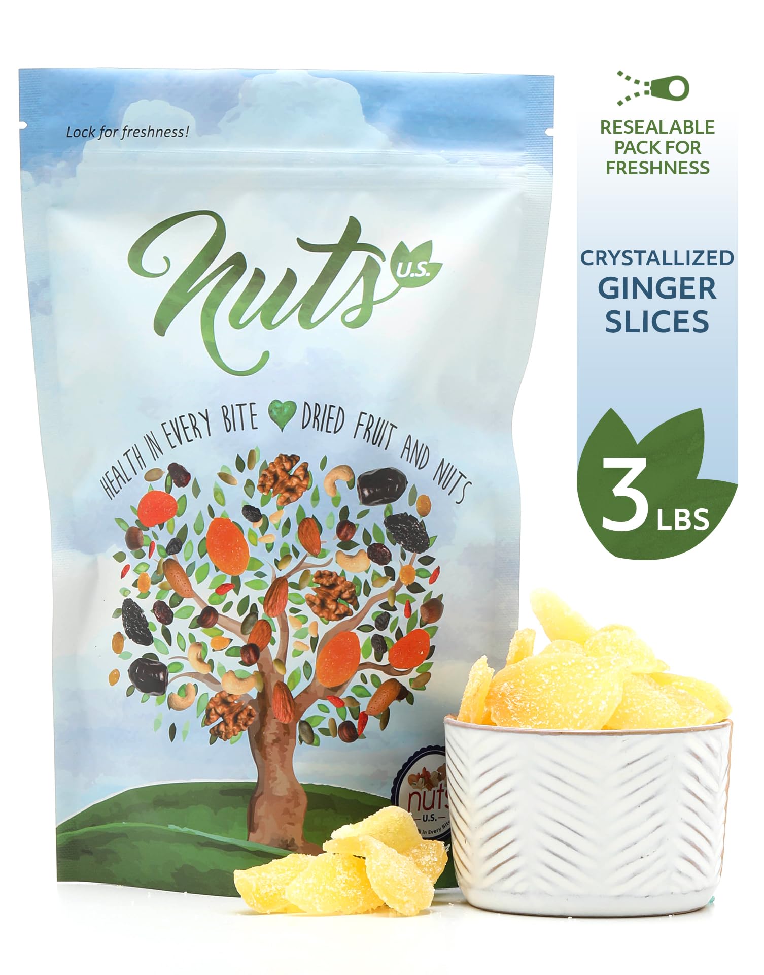 NUTS U.S. ginger slices snack appearance emphasizing chewy, moist texture for quick bites.