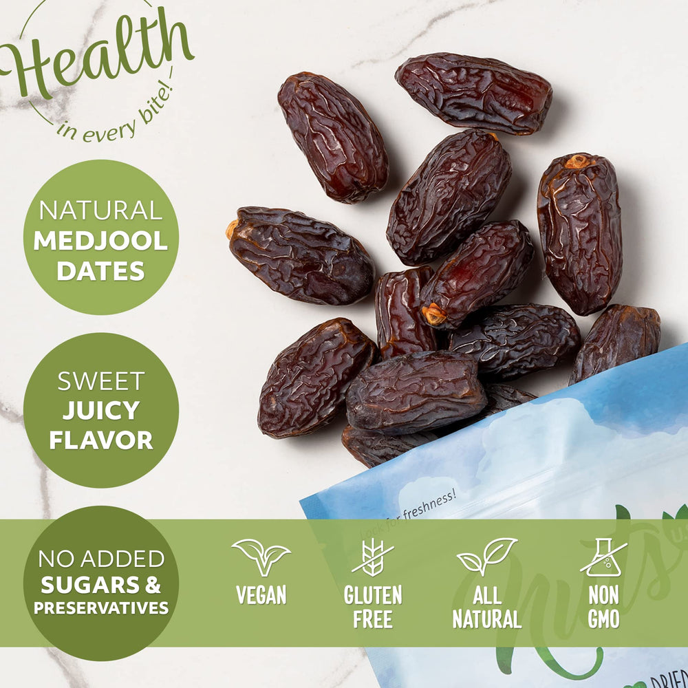 NUTS U.S. Medjool dates—chewy texture and natural sweetness for snacking.