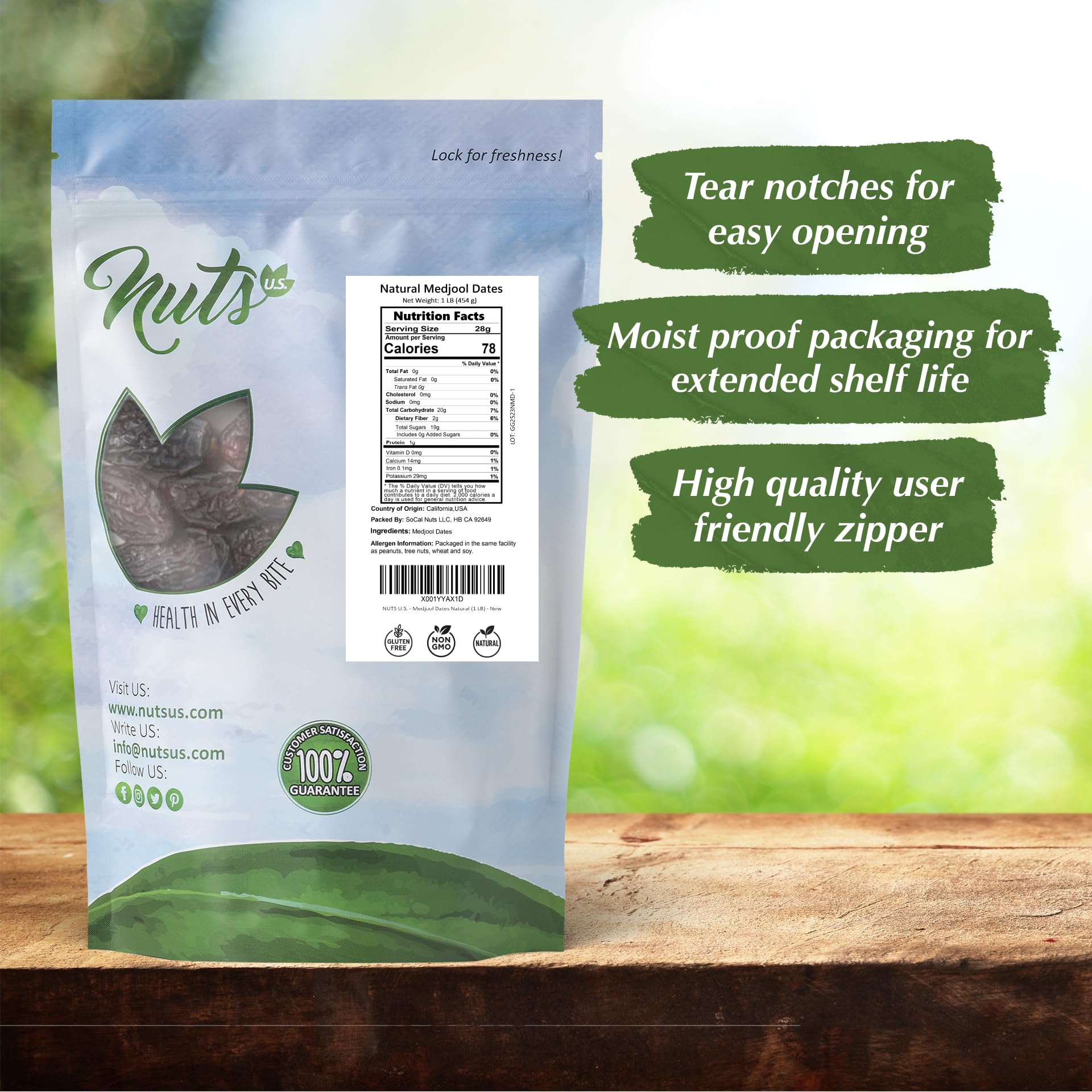 NUTS U.S. Medjool dates — premium quality, no added sugar or preservatives, all natural.