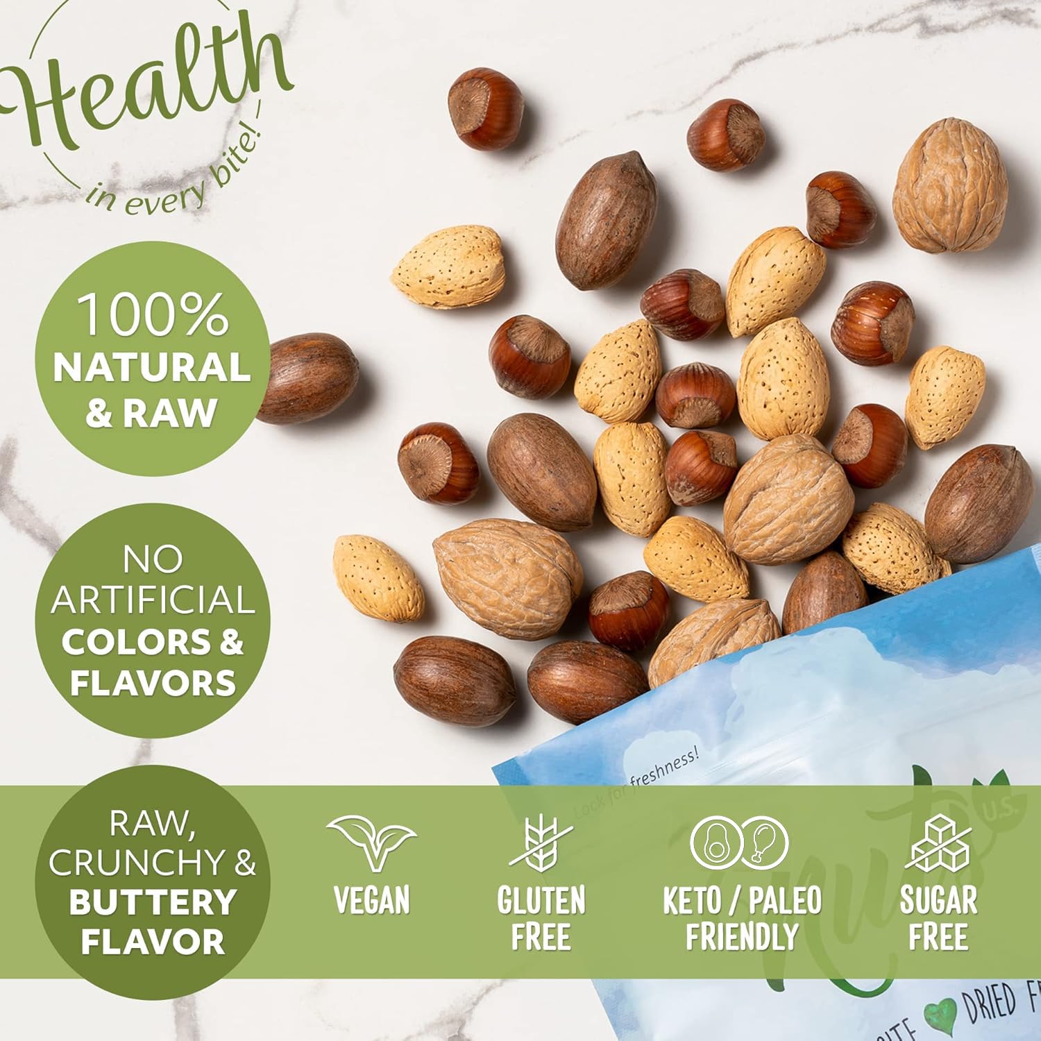 NUTS U.S. resealable bags 6 lbs keep freshness.