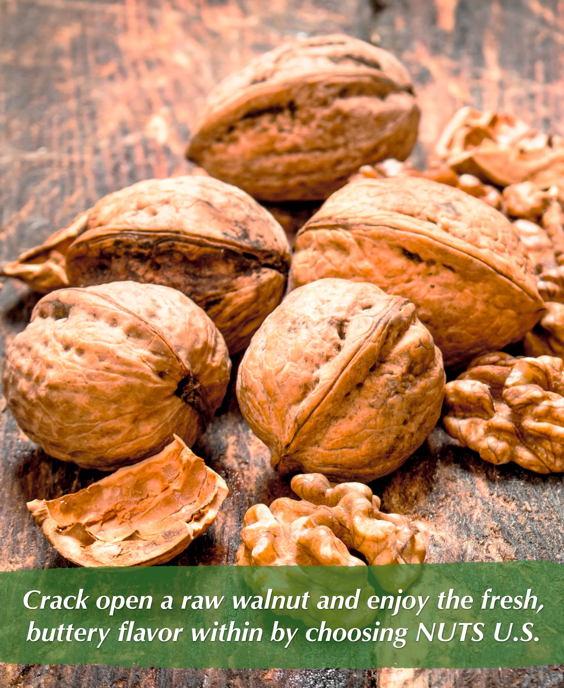 NUTS U.S. non-GMO raw walnuts in shell for protein-rich bites.