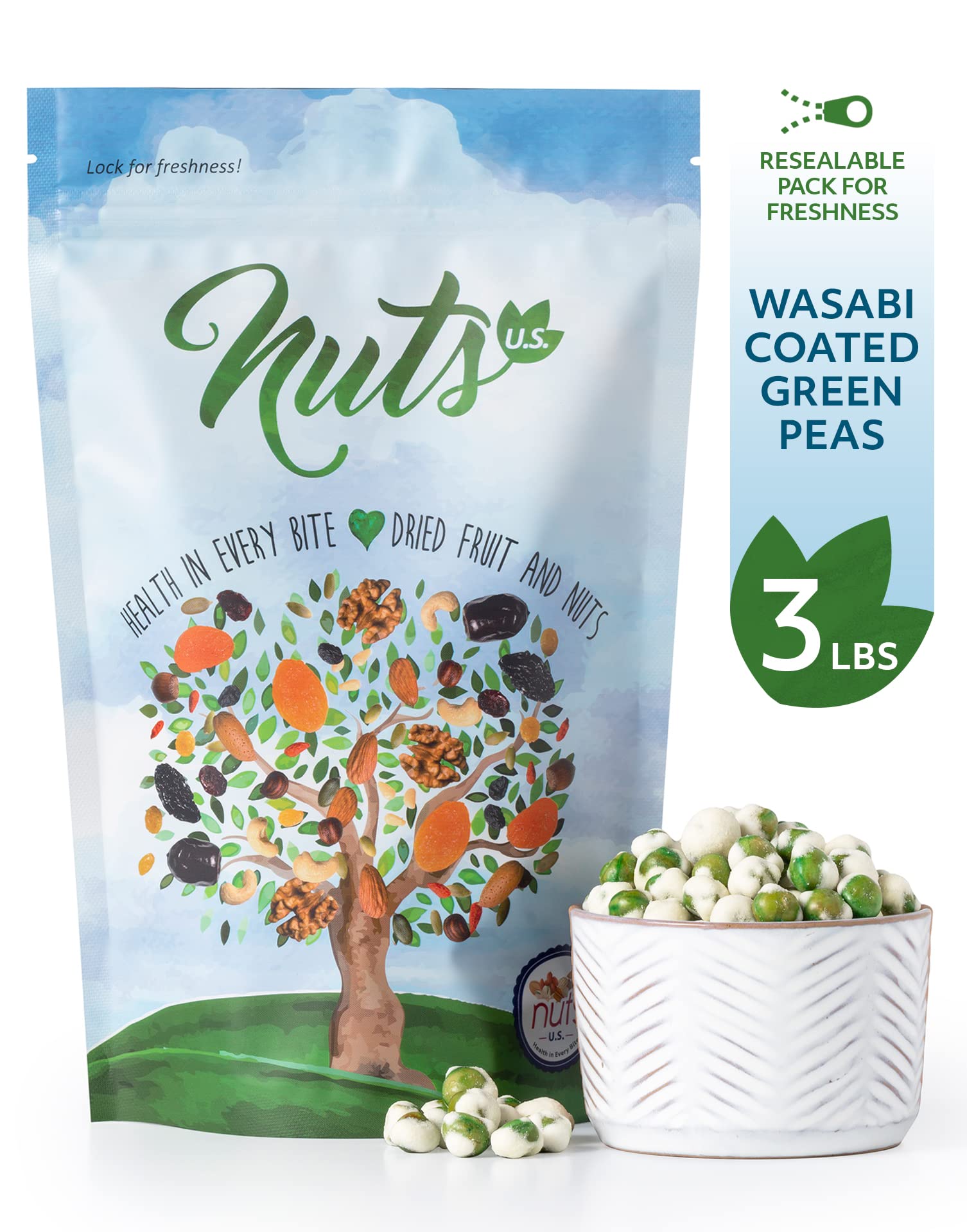 NUTS U.S. Wasabi-Coated Green Peas serving bowl highlighting spicy bite